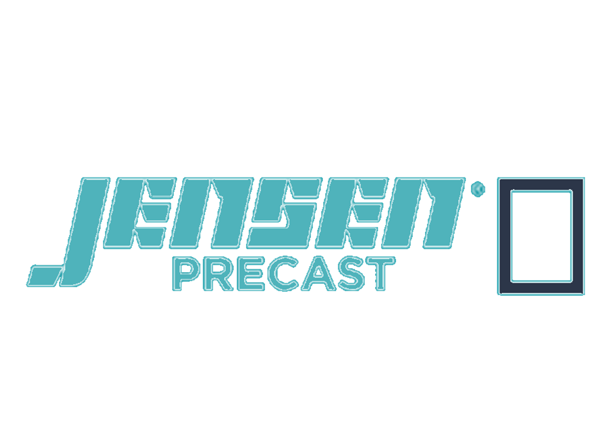 A blue logo for jensen precast on a white background.