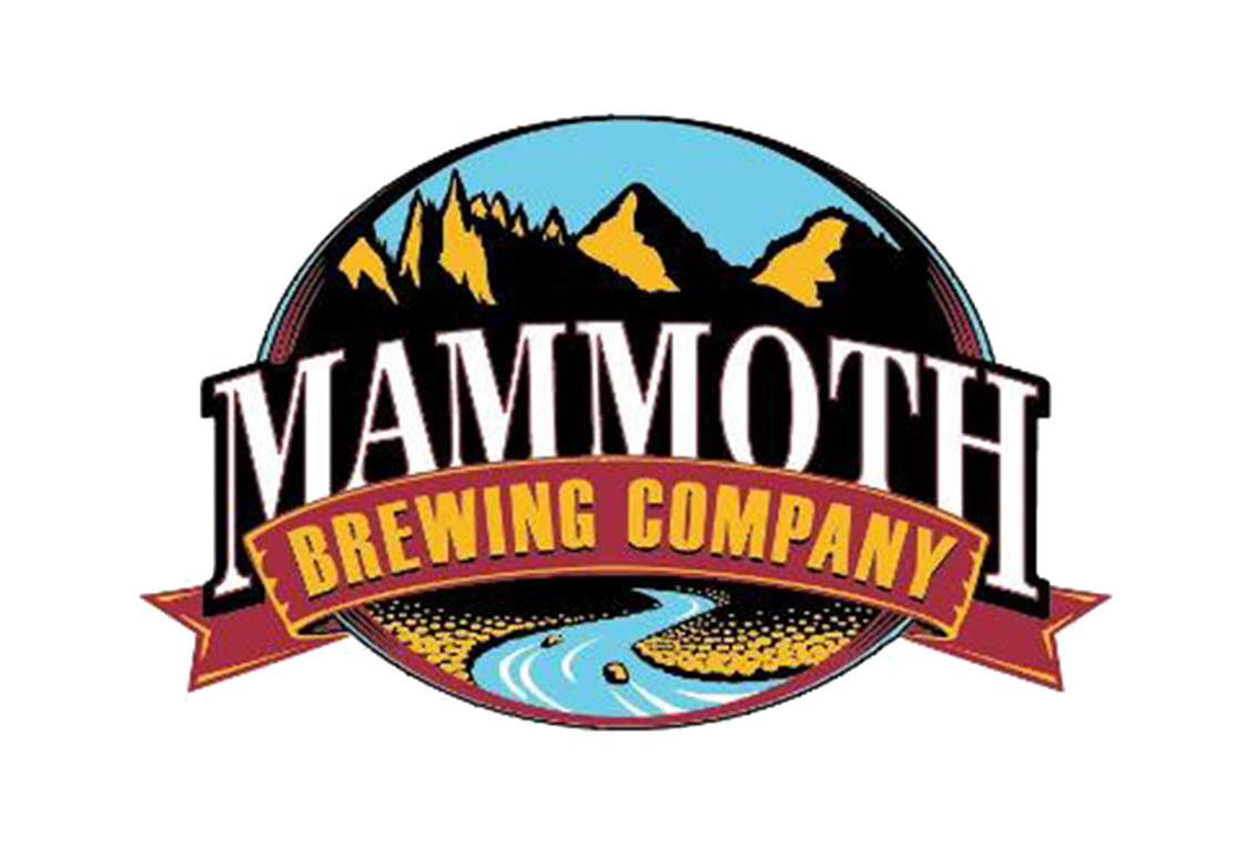 A logo for mammoth brewing company with mountains and a river