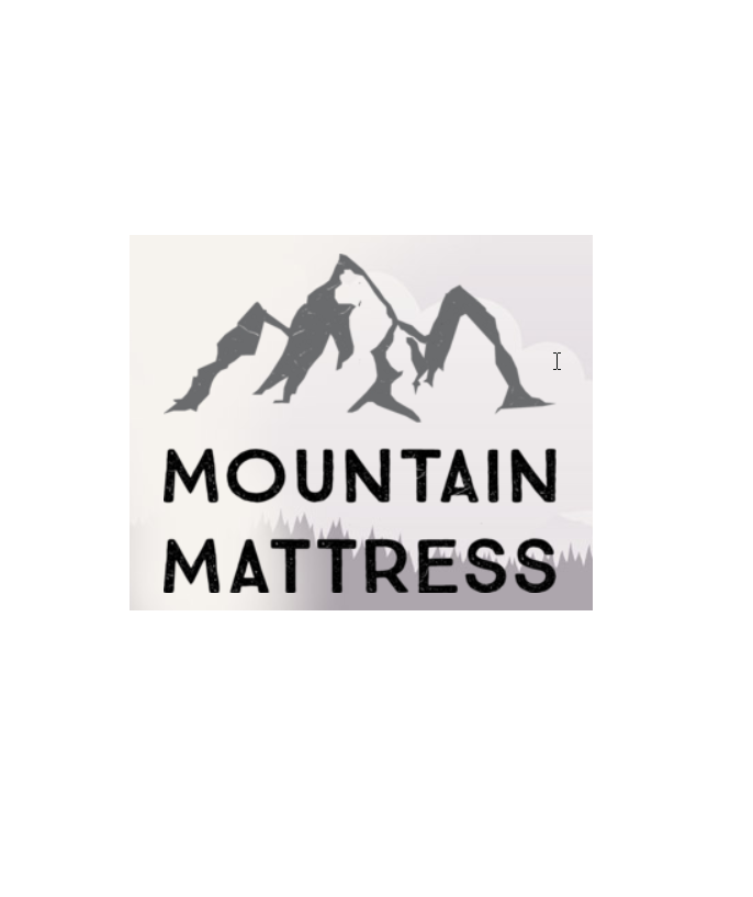 A mountain mattress logo with a mountain in the background