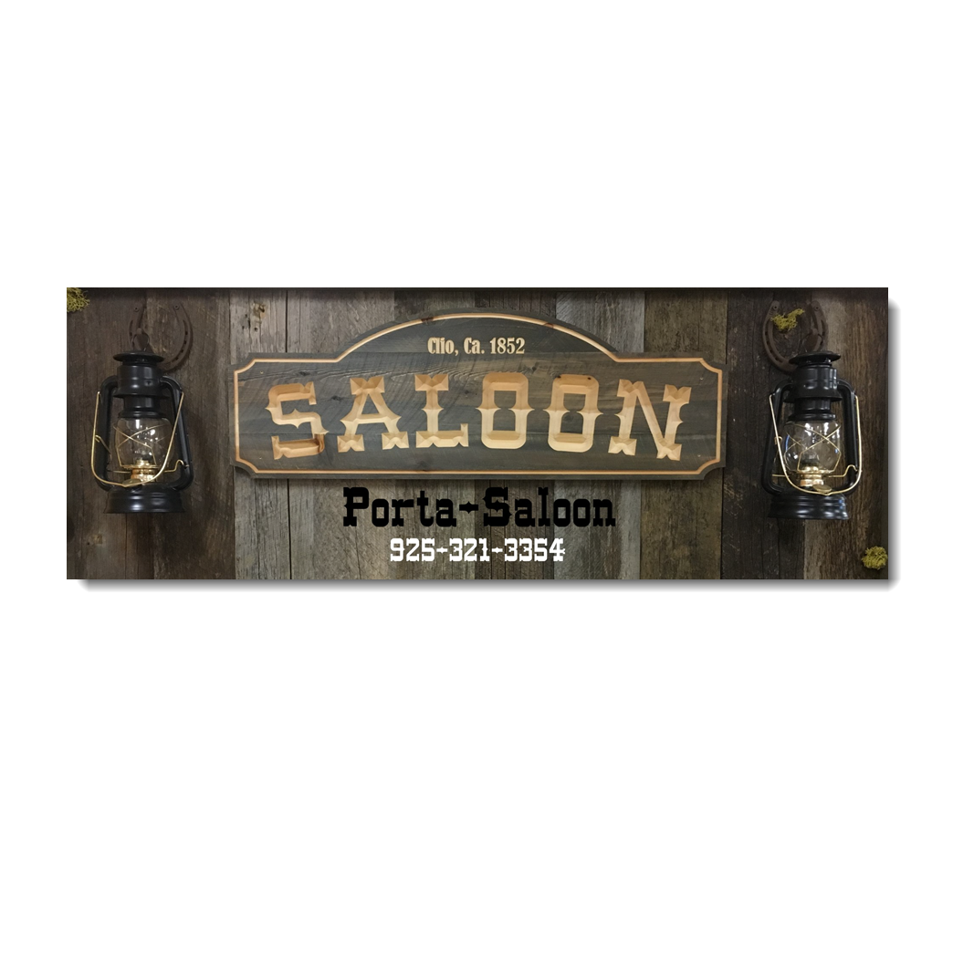 A saloon sign with two lanterns on a wooden wall.