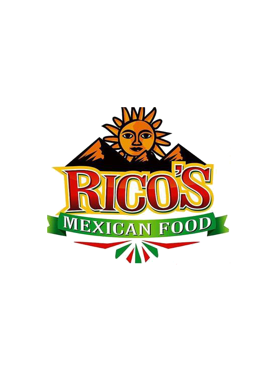 The logo for rico 's mexican food has a sun on it