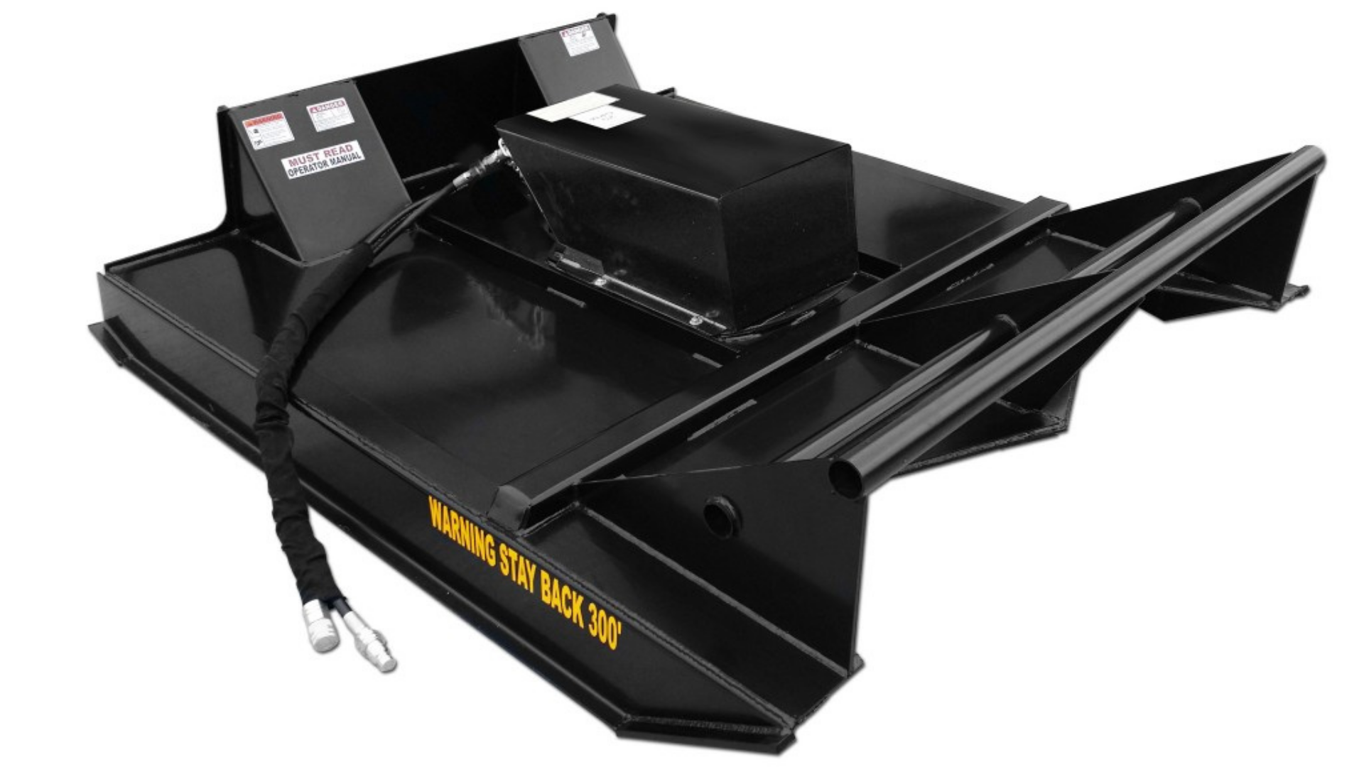 Black metal skid steer attachment with side wings and yellow lettering on a white background