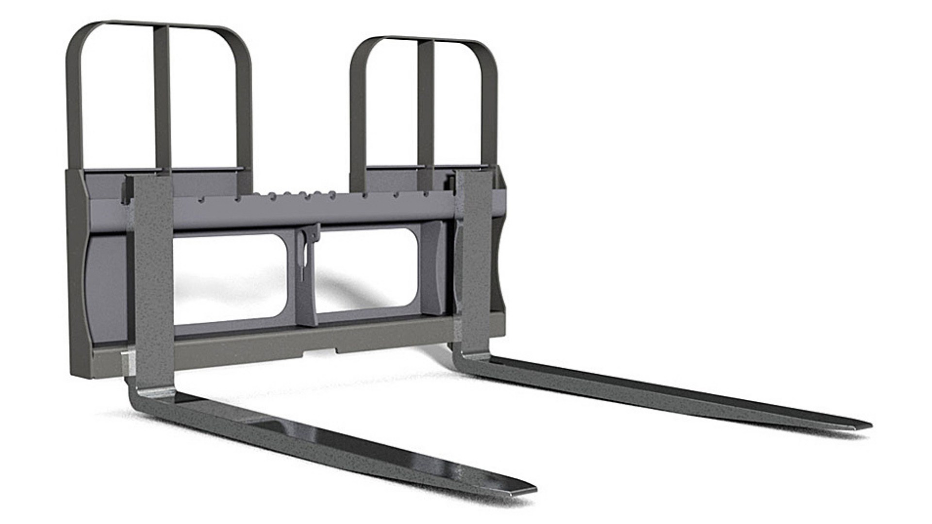 Gray forklift attachment with two long metal forks and upright backrest on a white background