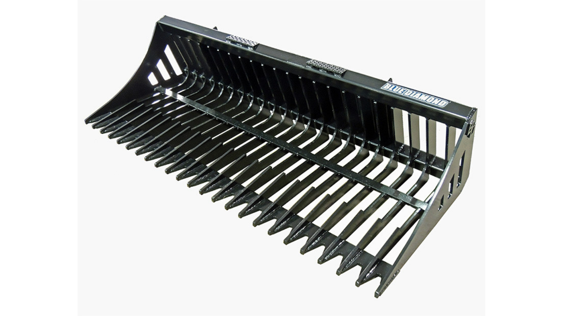 Black metal farm attachment with curved tines and mounting frame on white background