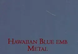 a blue background with the words `` hawaiian blue emb metal '' written in red .