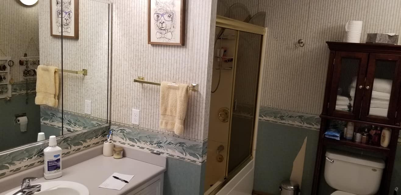 A bathroom with a sink, toilet, shower, and mirror.