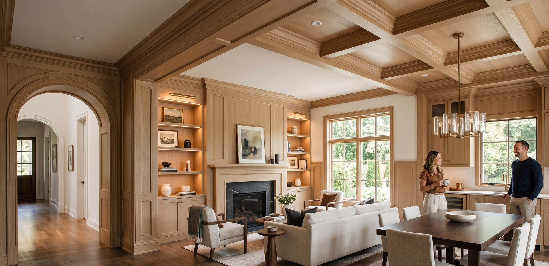 Warm modern living room with wood beams, fireplace, white sofas, and two people chatting by a dining table