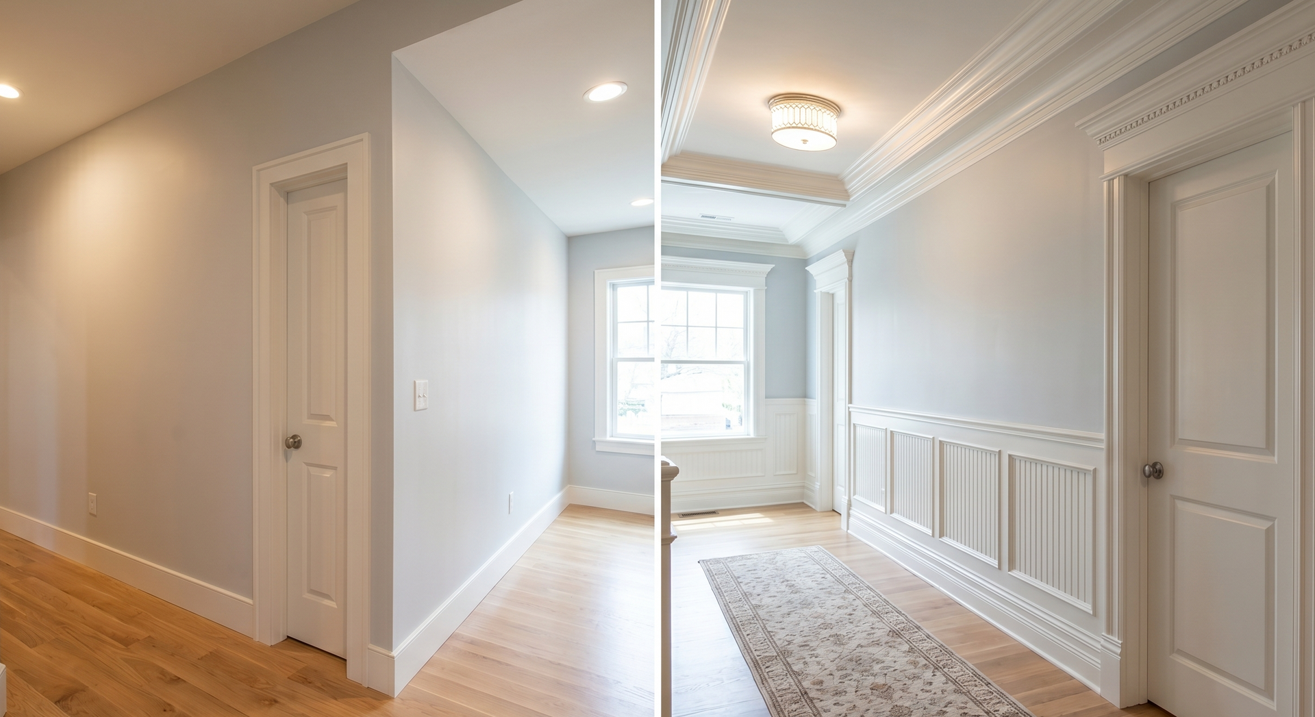 Bright hallway with white paneled walls, wood floor, and a sunlit room at the end.