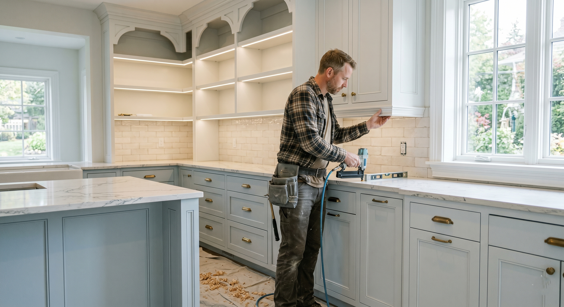 Person working at a bright kitchen counter with white cabinets and large windows