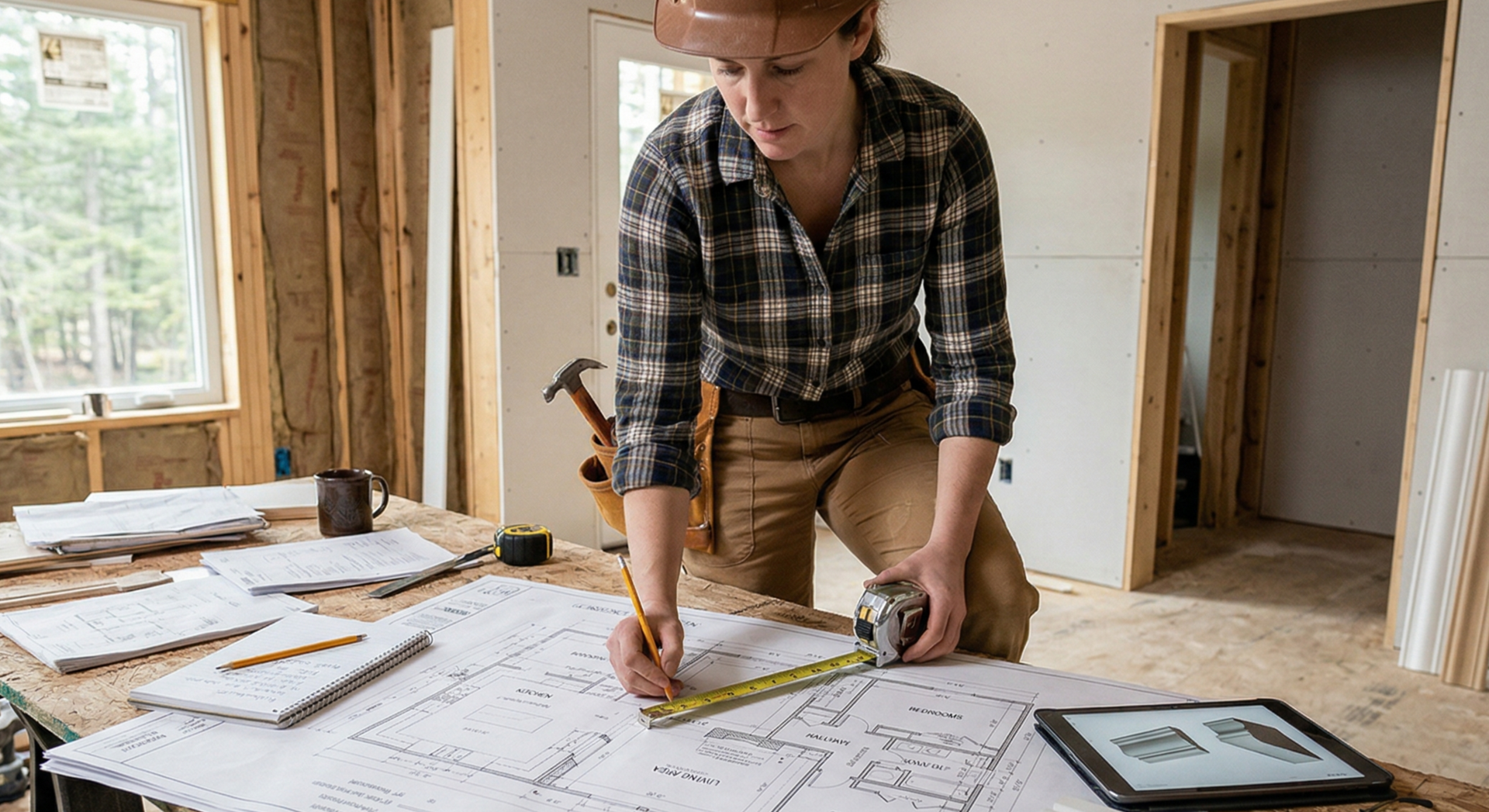 A person wearing a hard hat uses a tape measure and pencil to mark blueprints on a wooden table at a construction site.