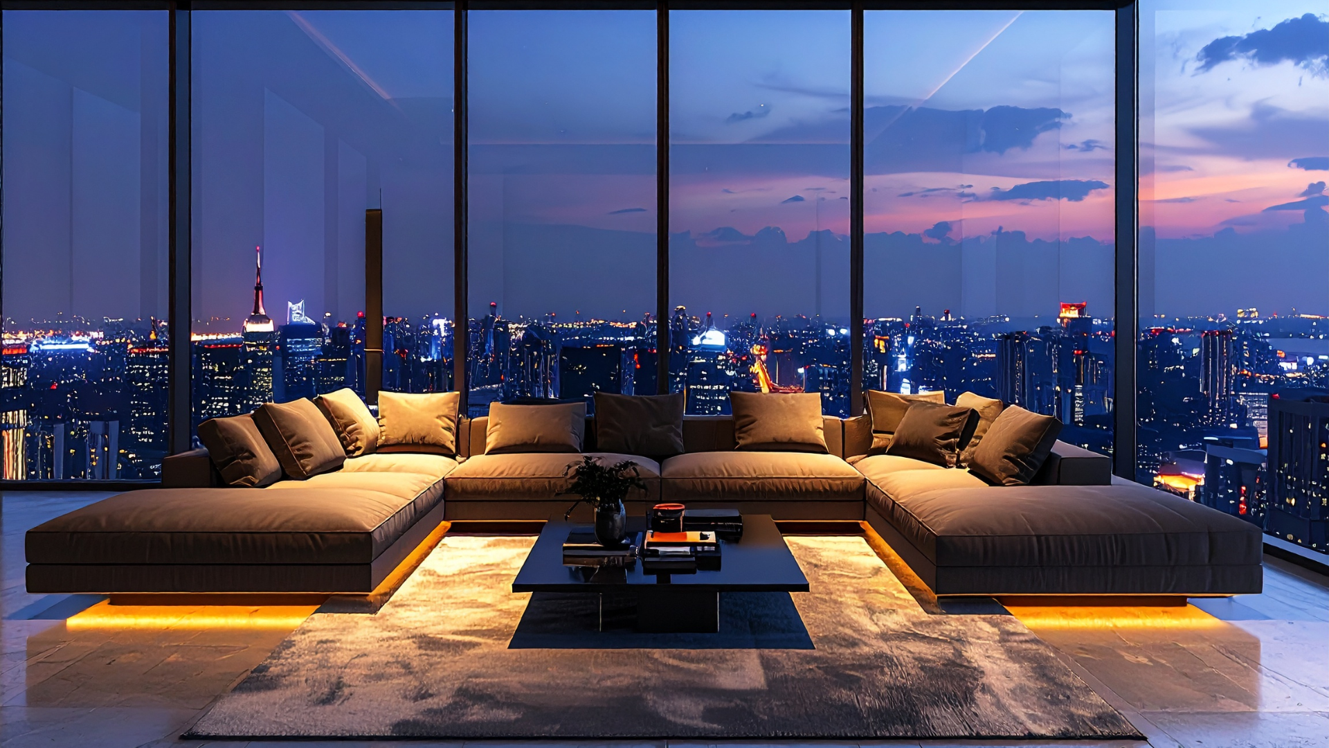 Modern living room with a city view at dusk. Large sectional sofa, coffee table, and large windows.