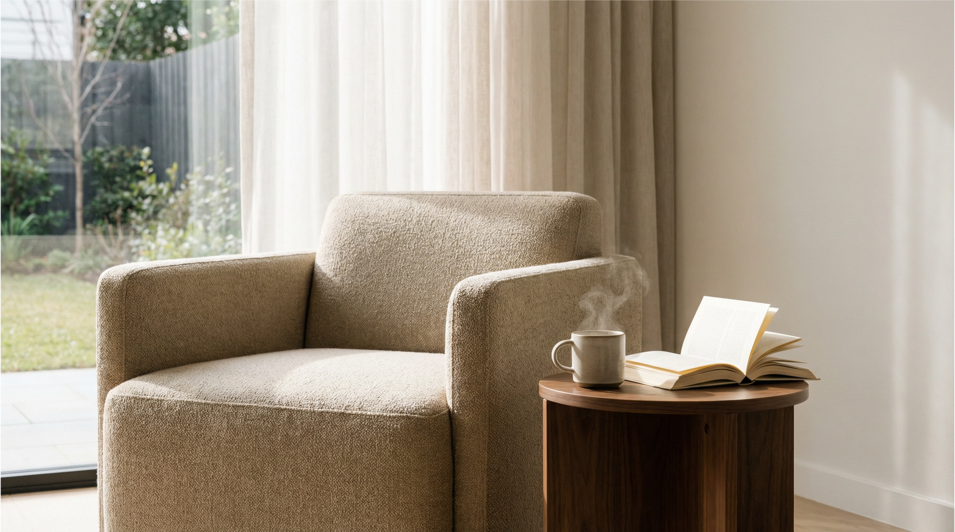 Cozy armchair next to a small wooden table with a mug and an open book. Sunlight streams through a window.