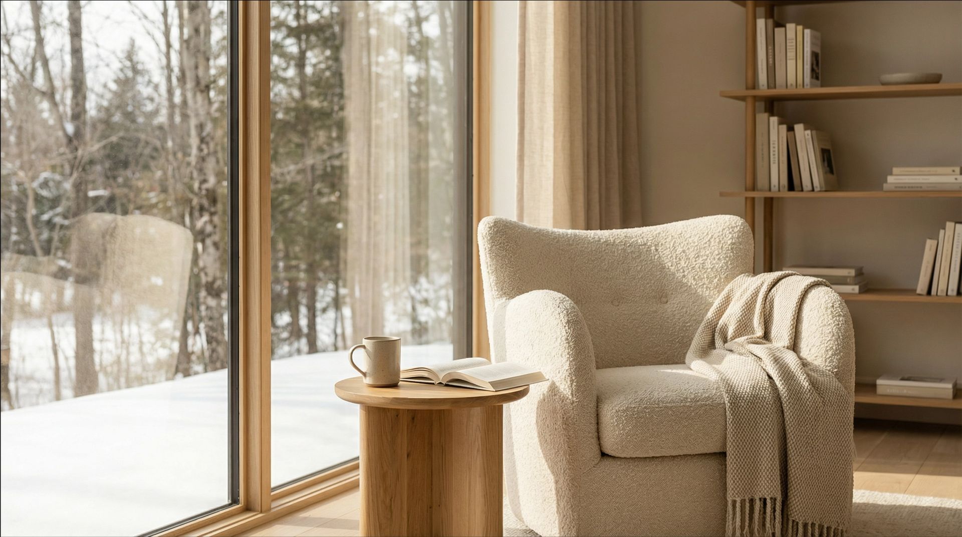 Cozy reading nook with a fuzzy armchair, blanket, and side table. Large window overlooking a snowy forest.