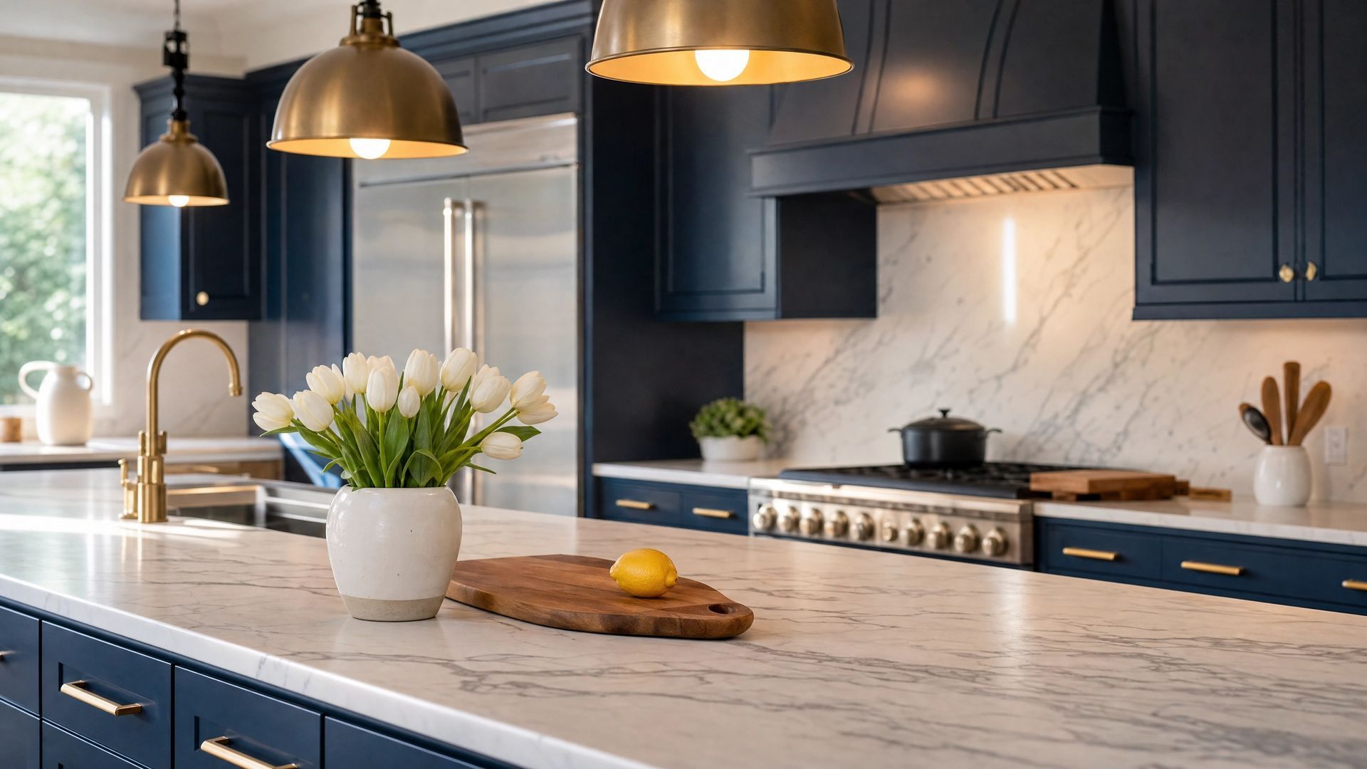 Modern navy kitchen with marble island, pendant lights, and a vase of white flowers