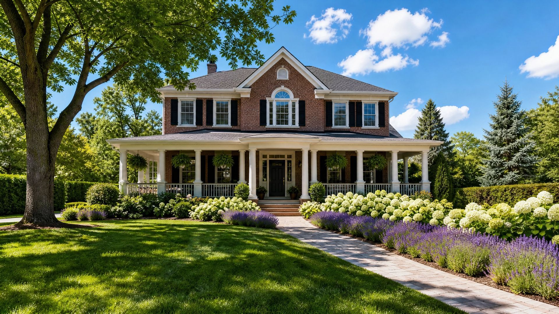 Brick house with a wraparound porch, green lawn, and purple flowers under a sunny blue sky