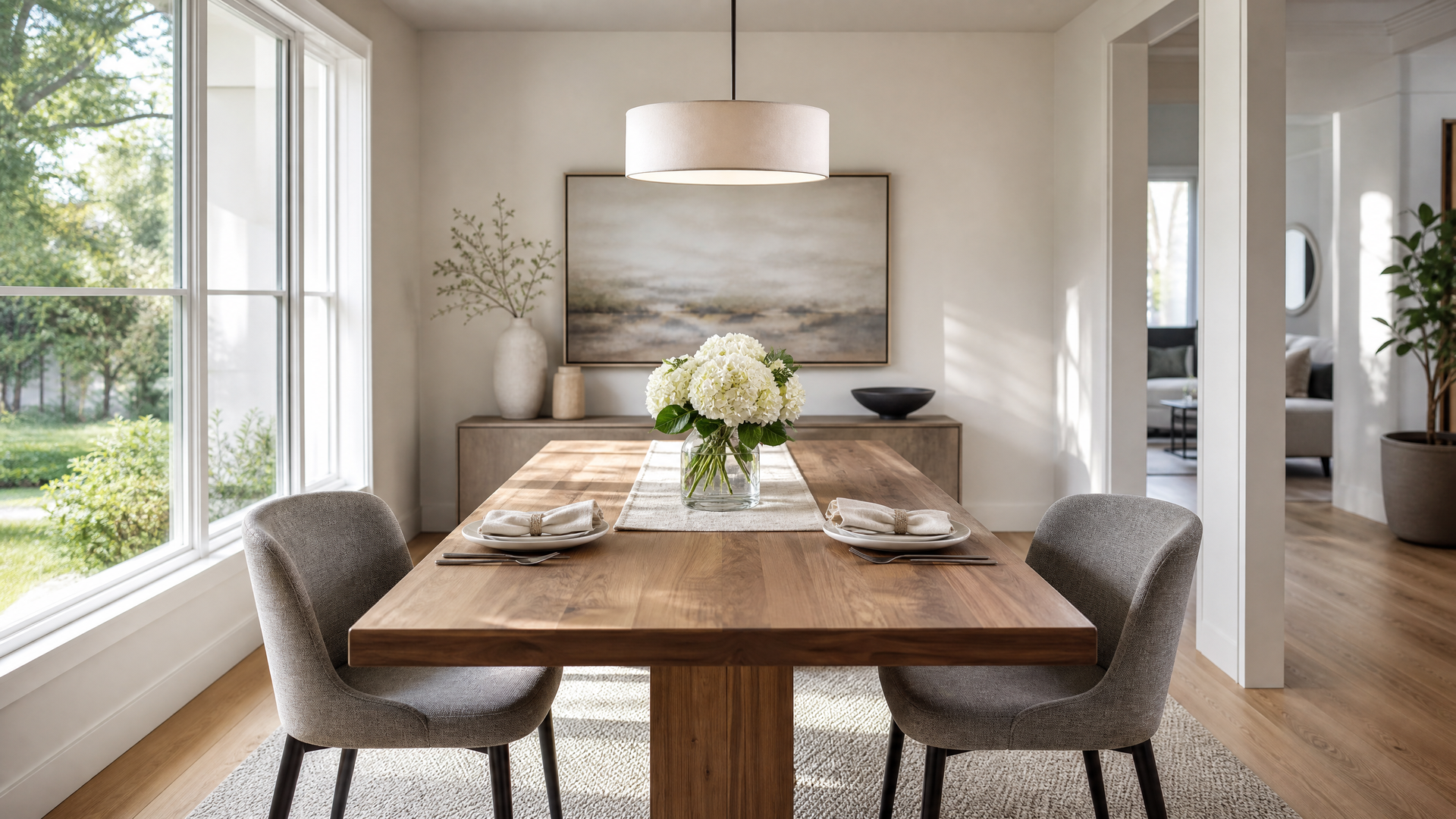 Modern dining room with wooden table, upholstered chairs, white flowers, and large windows overlooking greenery