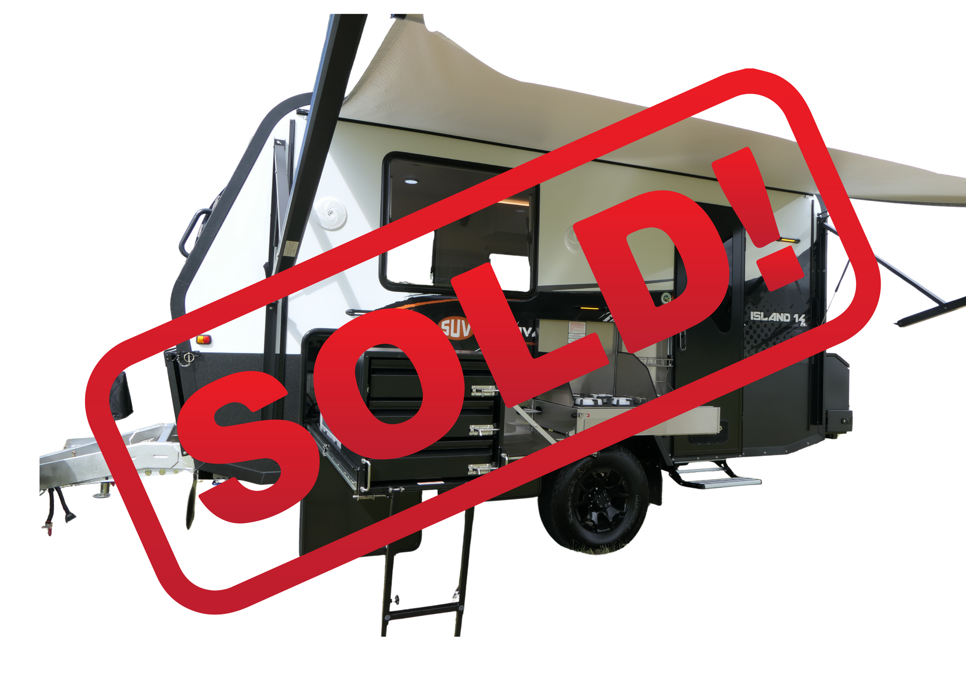 A black and white trailer with the word sold on it