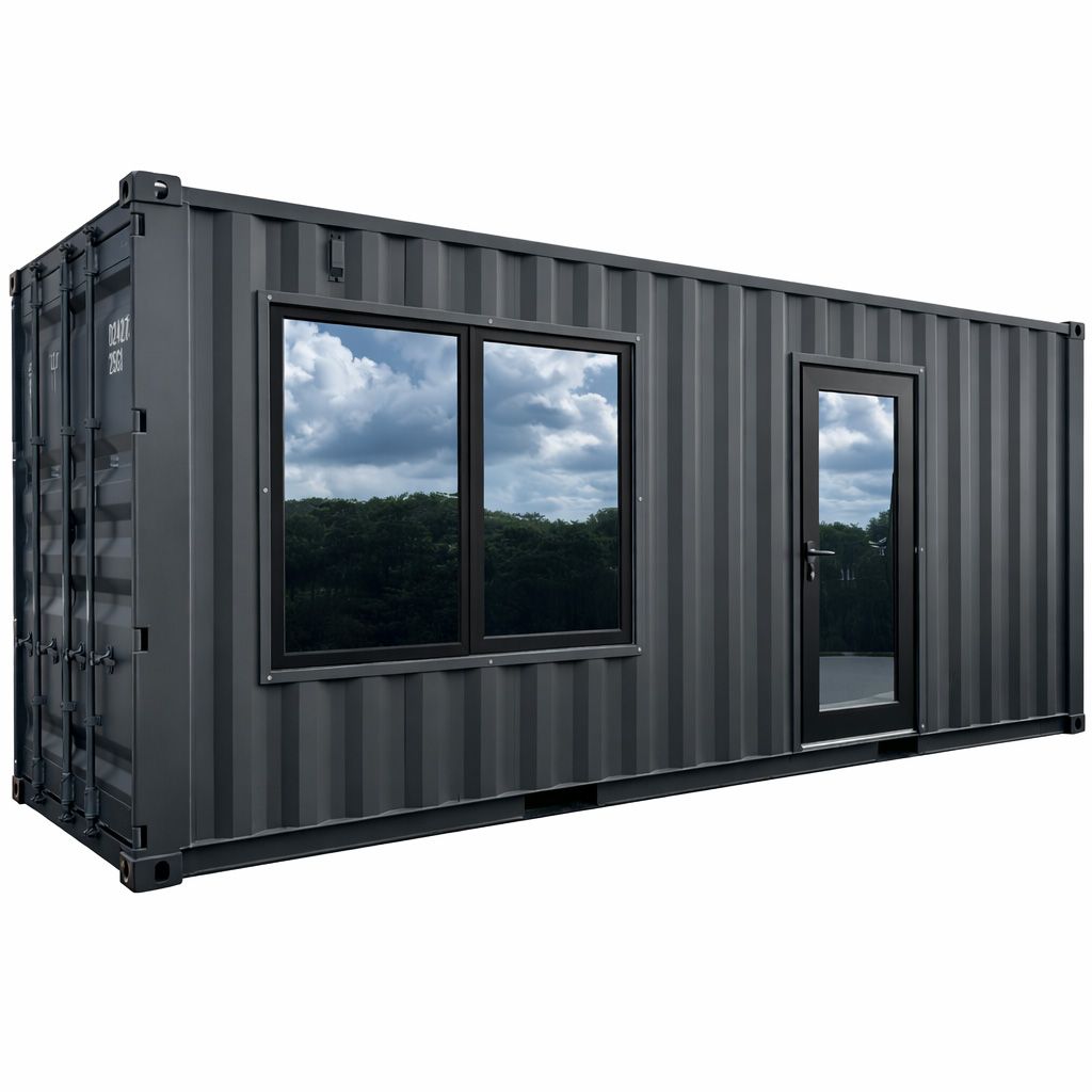 A container house with two windows and a sliding glass door.