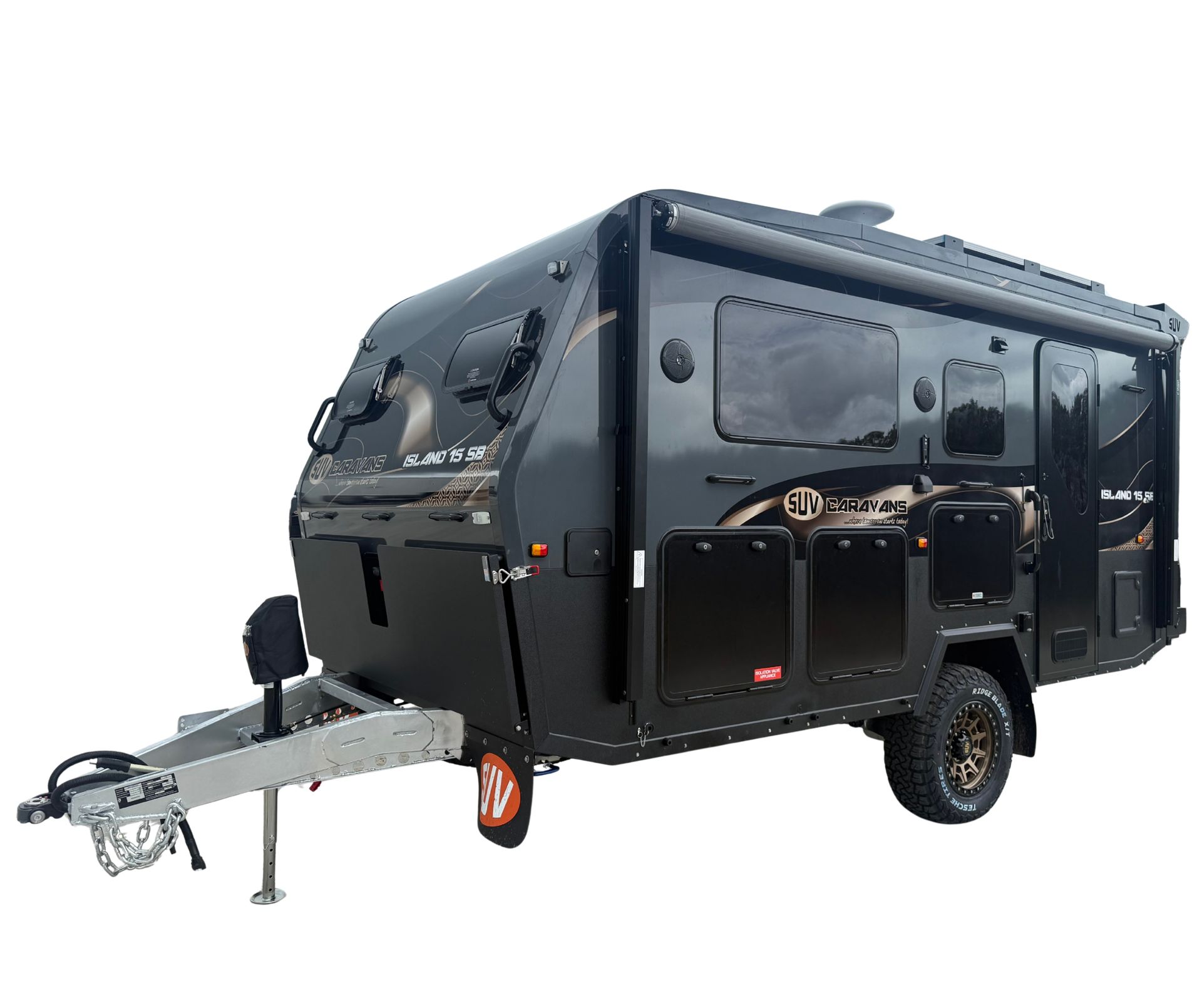 A black and gold caravan on a white background.