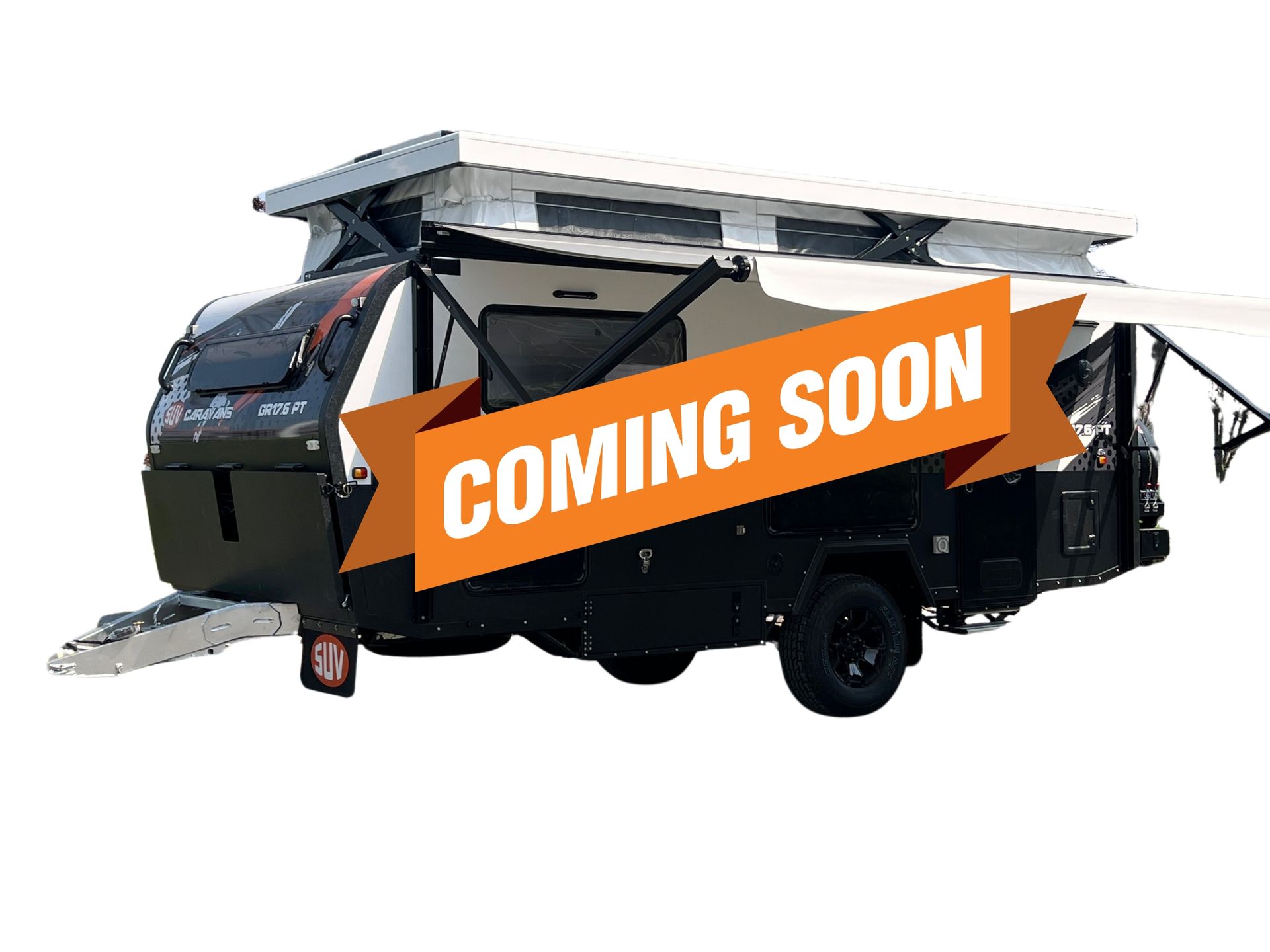 A black and white trailer with a pop up roof on a white background.