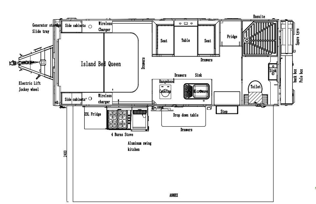 A black and white floor plan of a camper trailer.