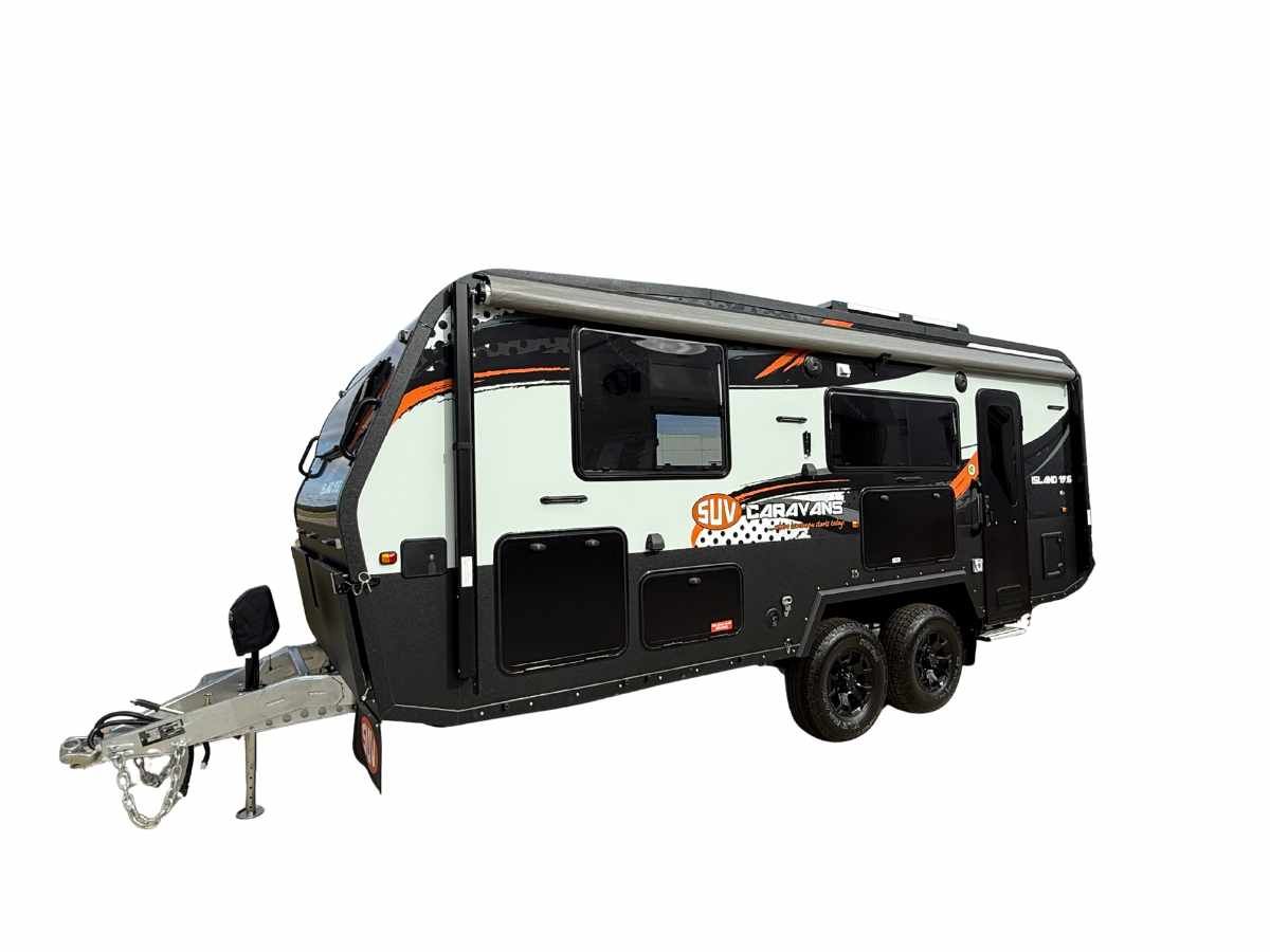 A black rv with a trailer attached to it on a white background.