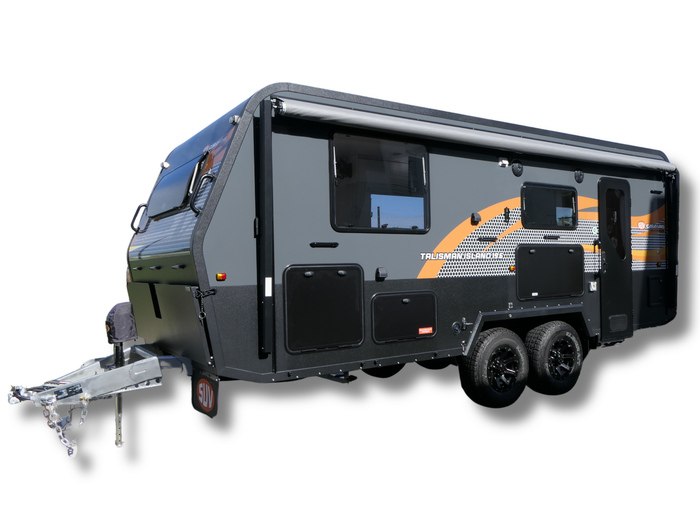A white and black rv is parked on a white background.