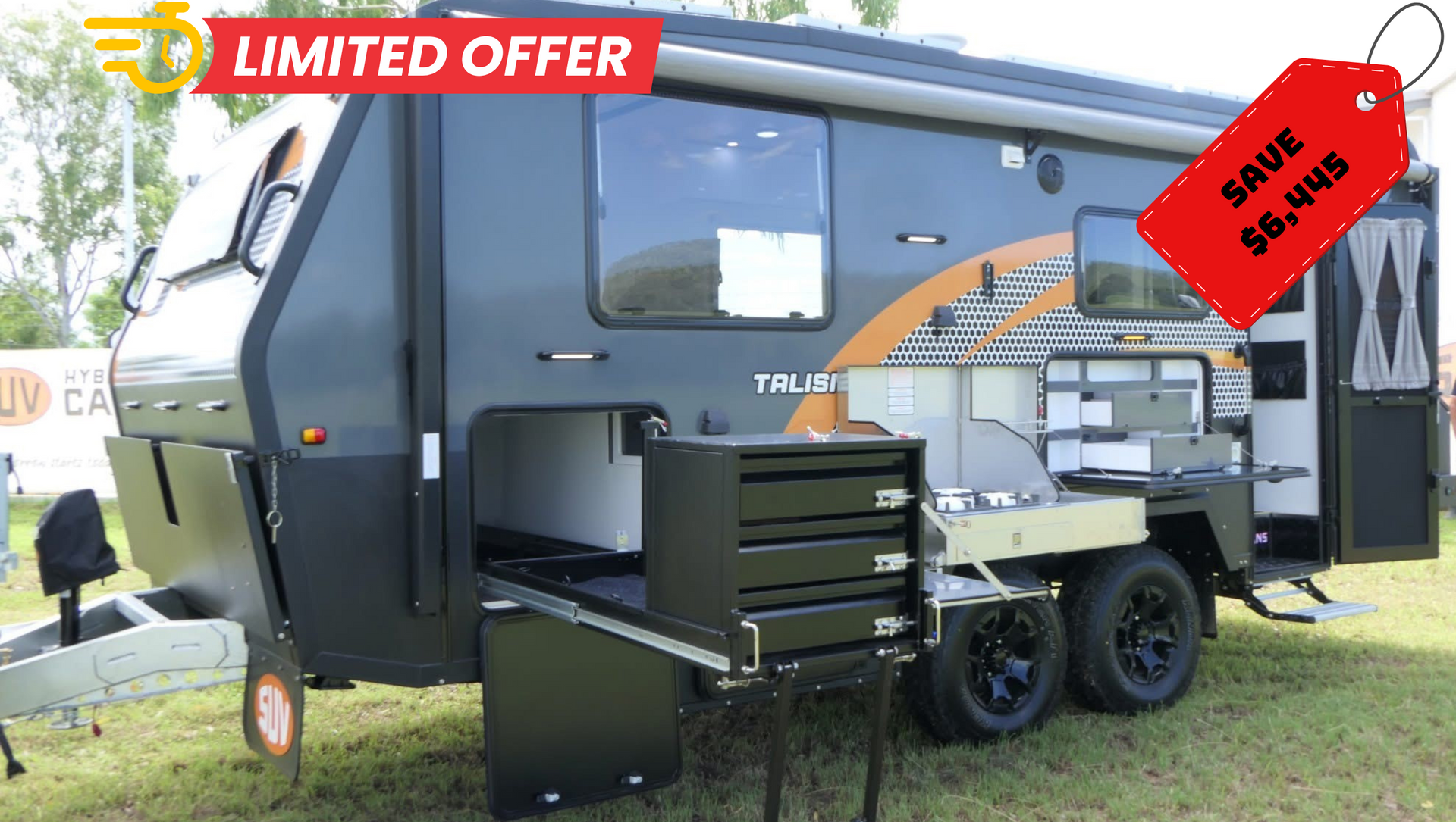 A caravan with a tag that says clearance on it