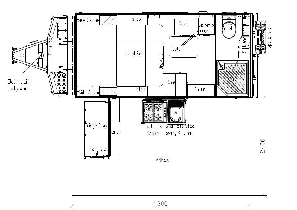 A black and white floor plan of a trailer with measurements