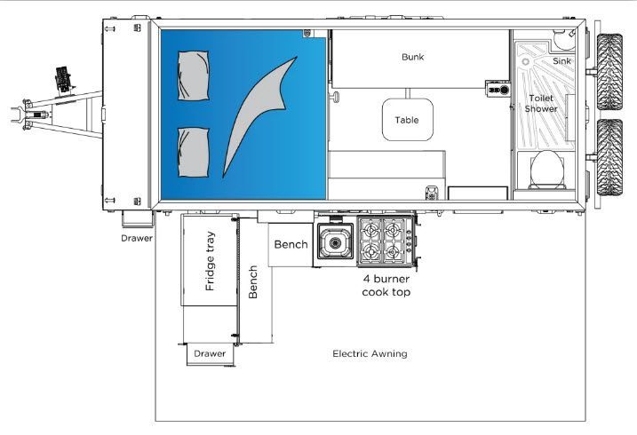 A black and white floor plan of a trailer