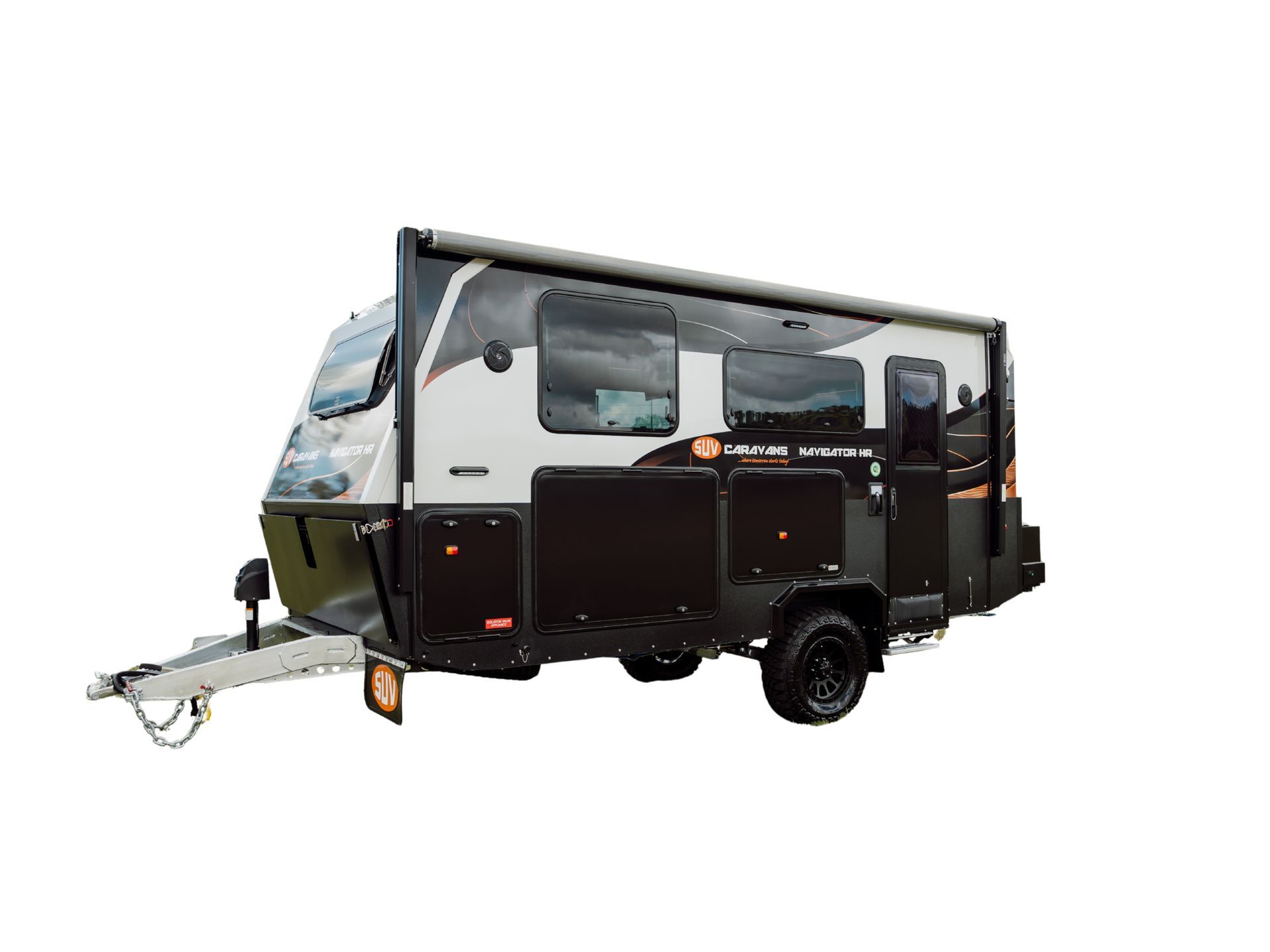 A black & white caravan with the door closed on a white background.