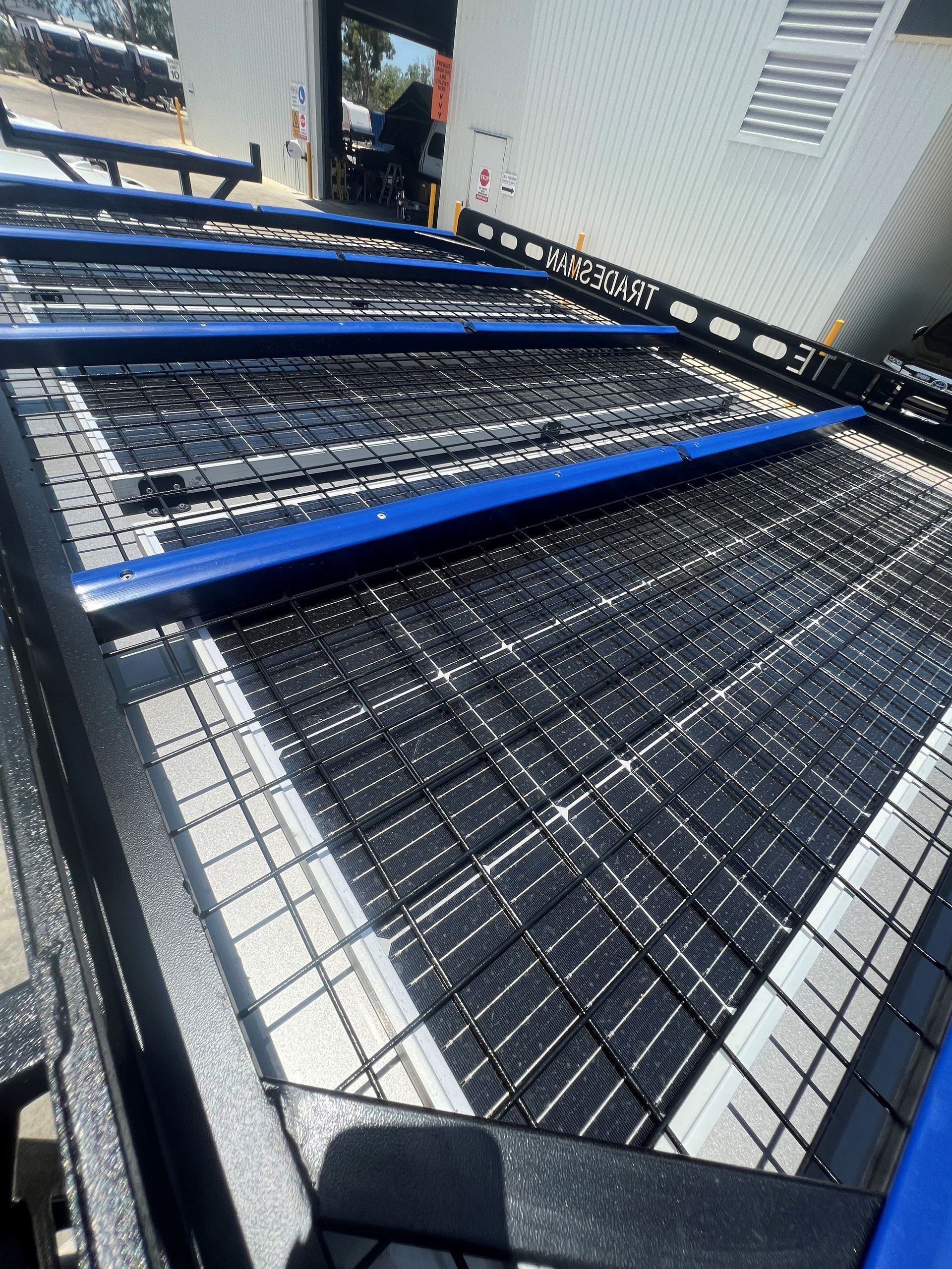 A close up of a roof rack on a truck.