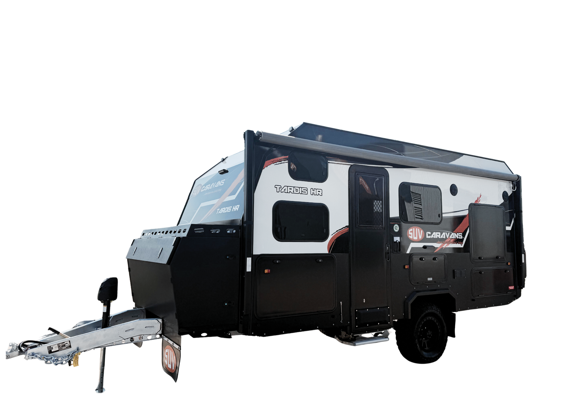 A black camper trailer with the door open on a white background.