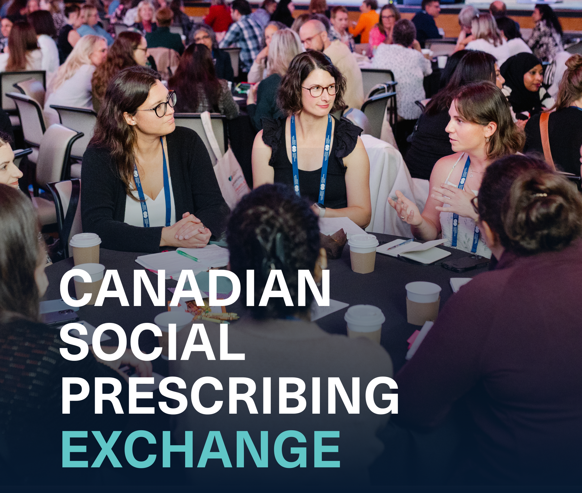 A group of people are sitting around a table with the words canadian social prescribing exchange on the bottom