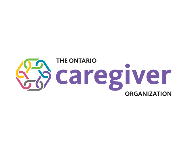 The logo for the ontario caregiver organization is a rainbow colored logo.