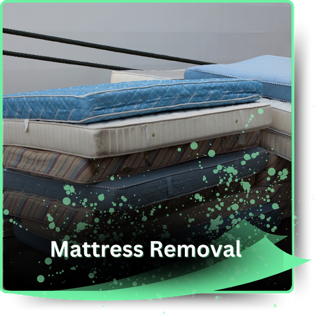 A pile of discarded mattresses with green splash graphics in the foreground.