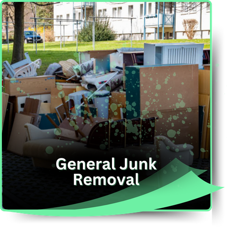 A pile of discarded furniture with green swooh and texts in the foreground.