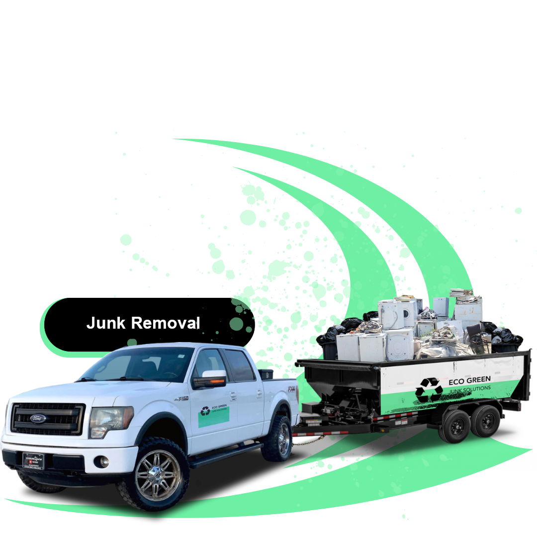 Eco Green Junk Solutions trailer pick up car with texts in the foreground.