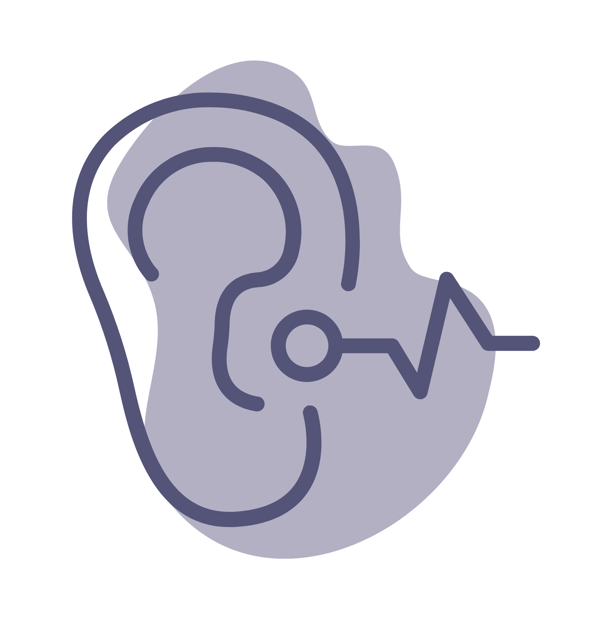 A cartoon ear in Frequency Hearing Purple. Representing the importance of hearing health over all