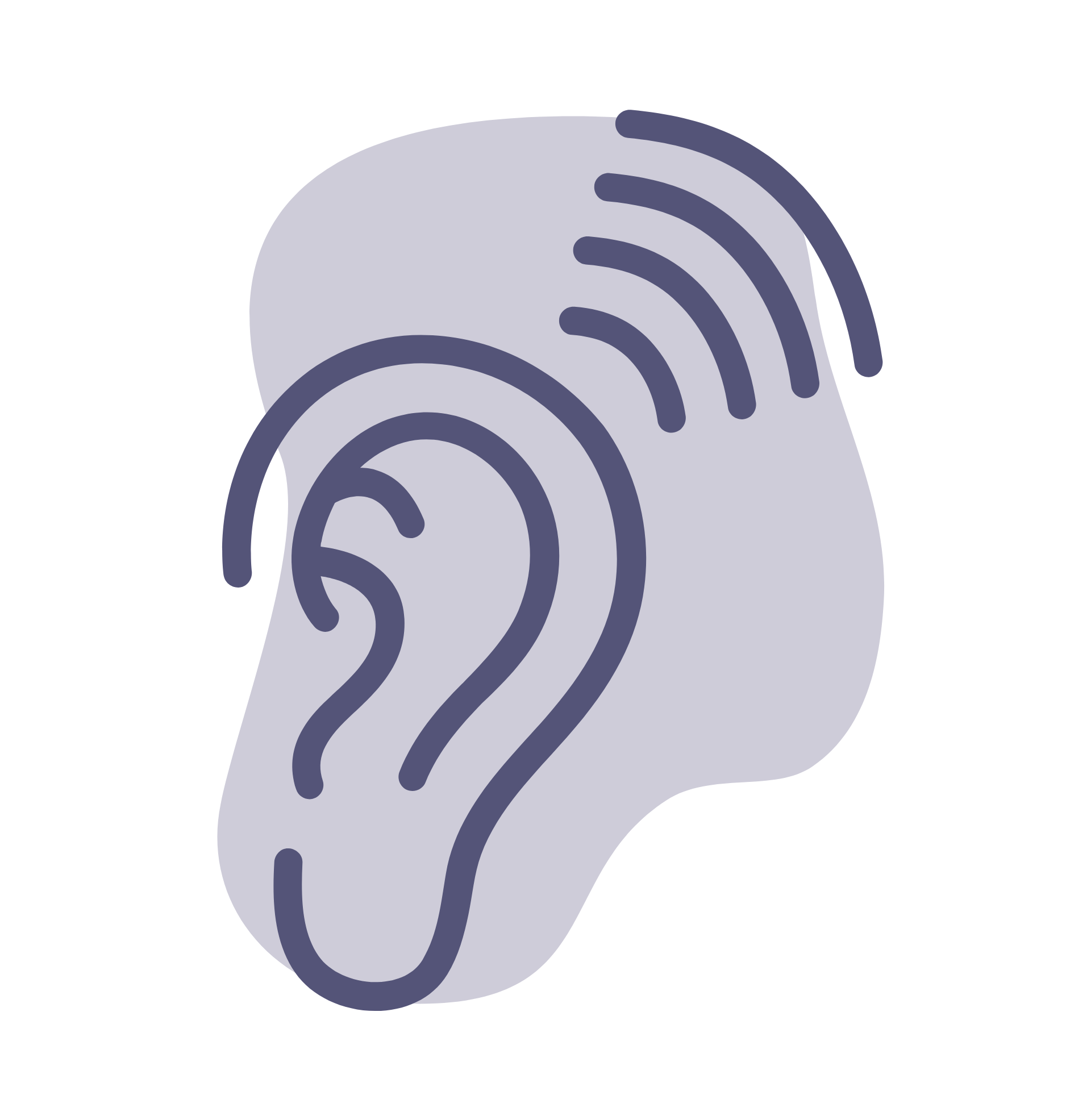 Cartoon ear hearing sound in Frequency Hearing purple - highlighting the importance of hearing tests.