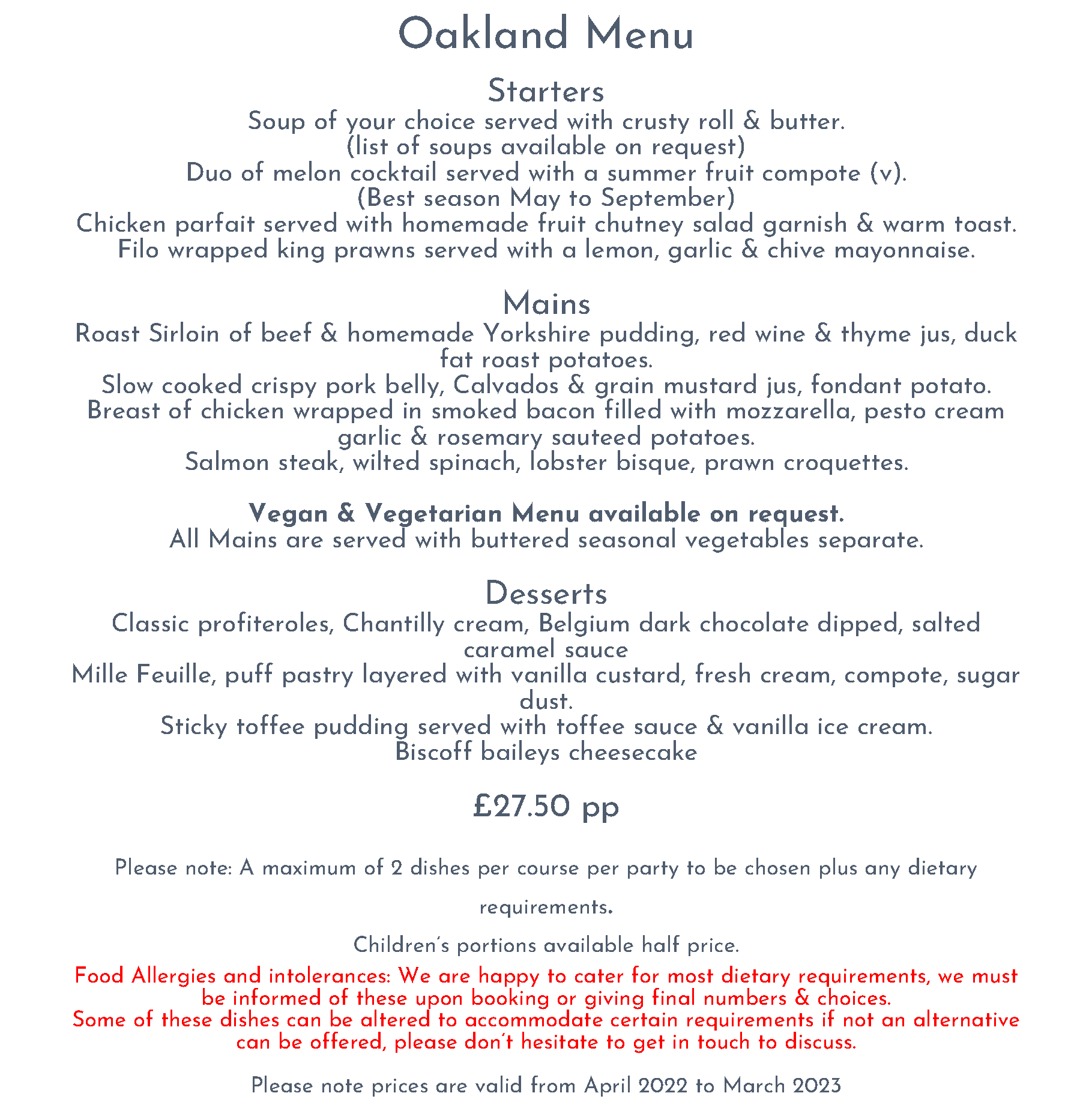 Oaklands Hall Menu