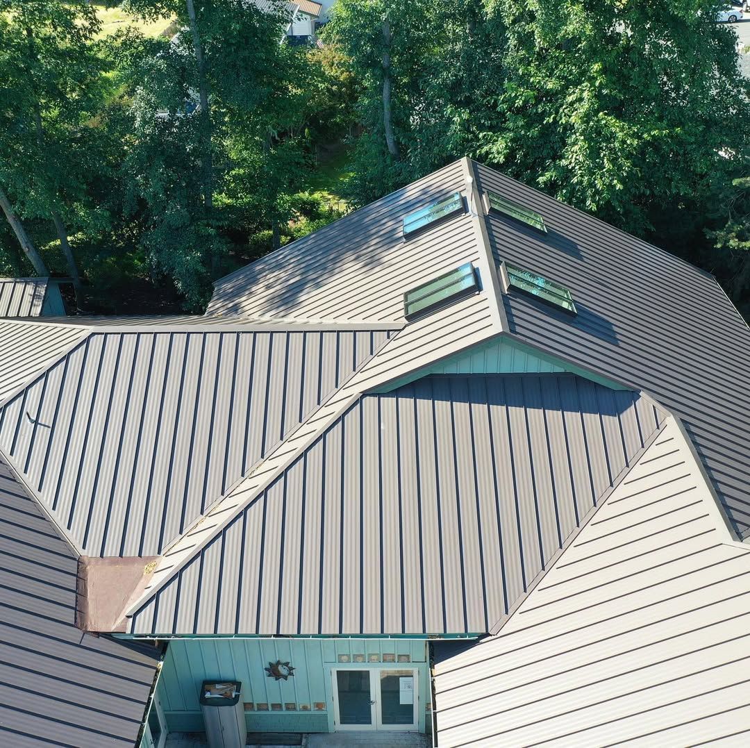 An aerial view of a house with a metal roof surrounded by trees.