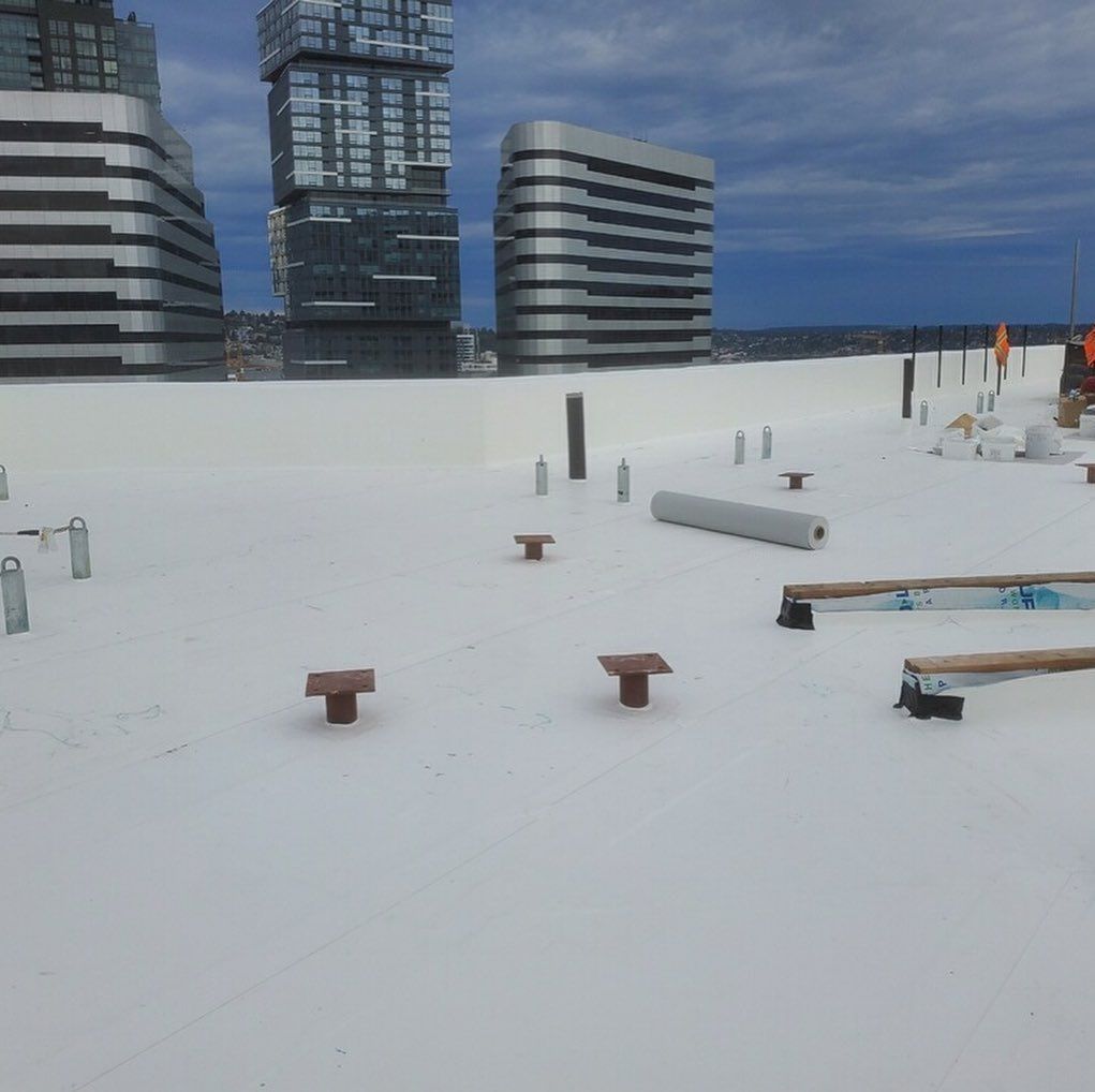 A white roof with a few buildings in the background