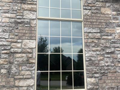 Tall window with white grid panes set in a stone building wall, reflecting trees and sky.