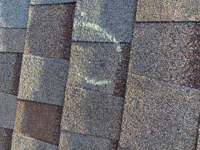 Close-up of gray and brown asphalt roof shingles with a faint circular stain