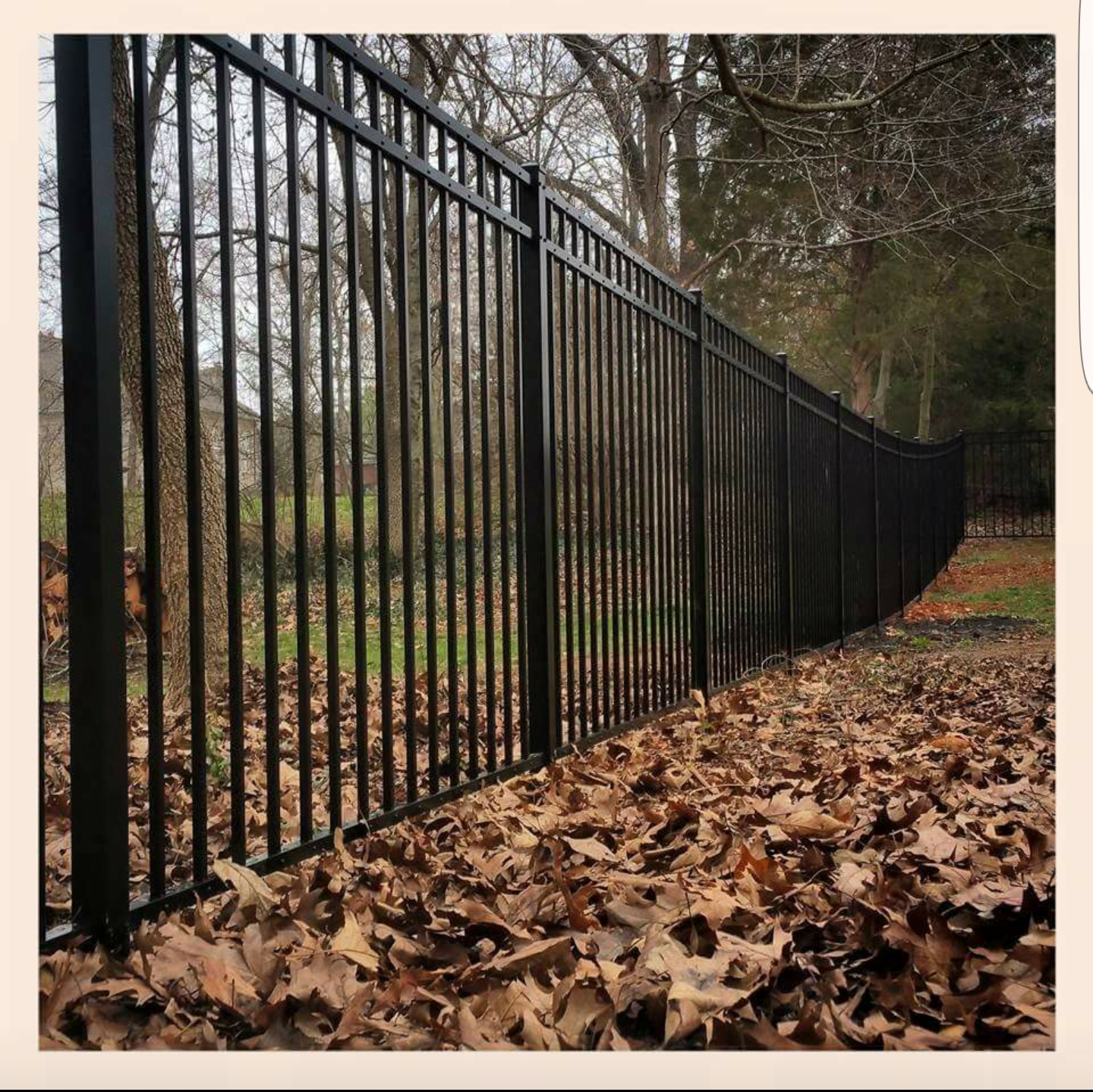 Black metal fence in a wooded area, surrounded by fallen brown leaves.