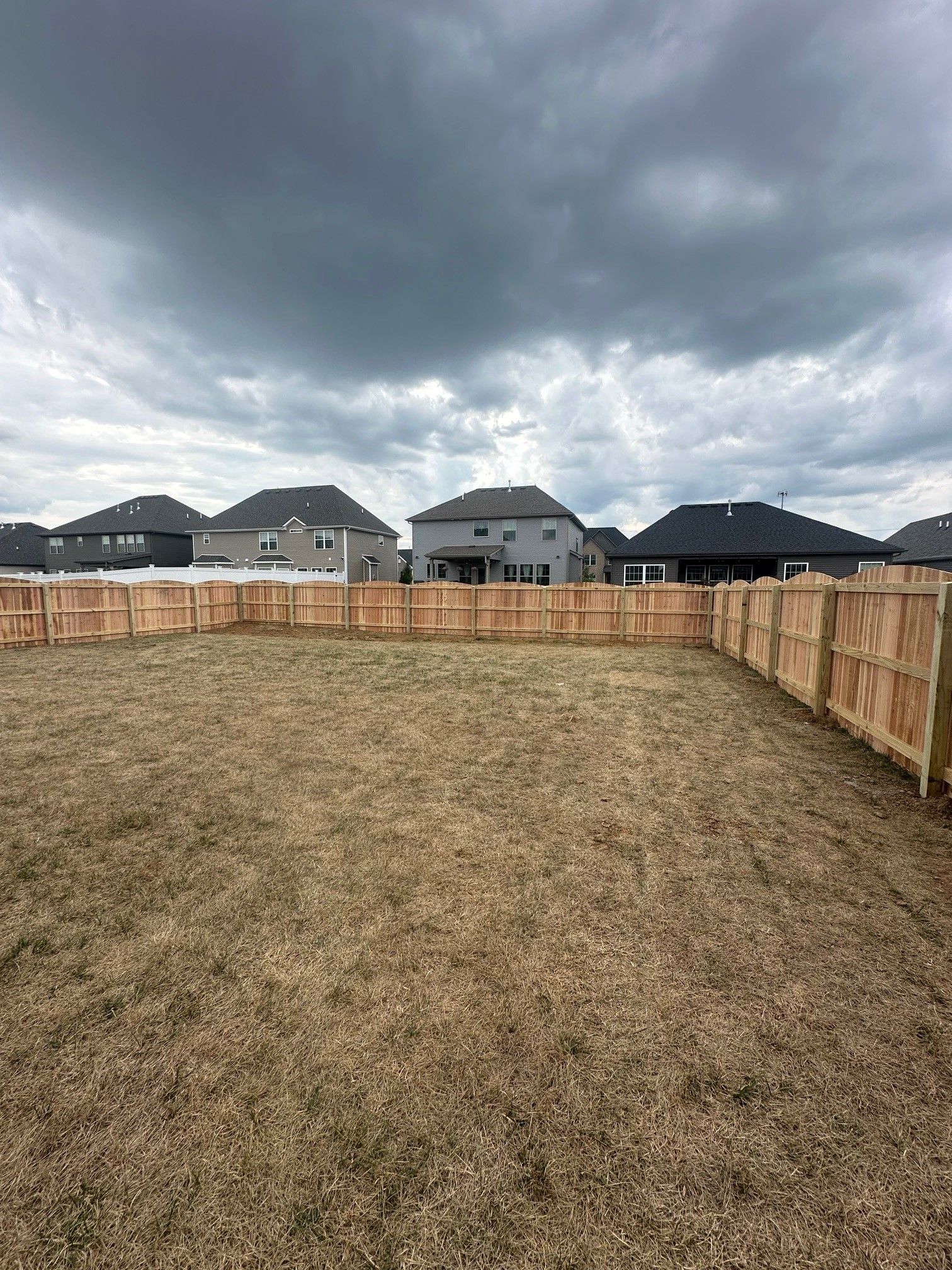 A wooden fence surrounds a grassy field with houses in the background — Lexington, KY — Chafin Fence LLC