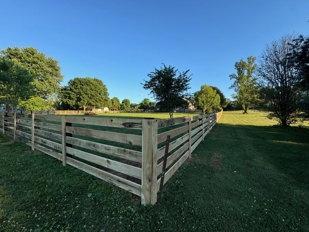 A wooden fence surrounds a grassy field with trees in the background.