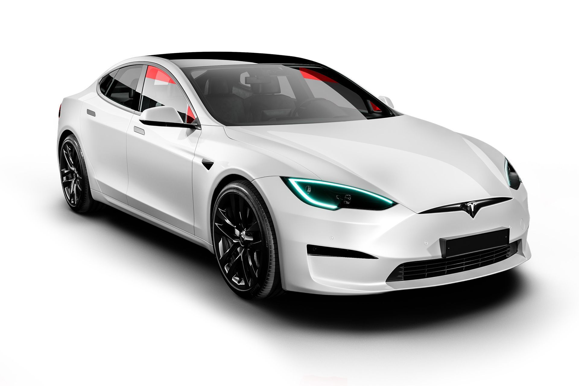 A white tesla model s is shown on a white background.