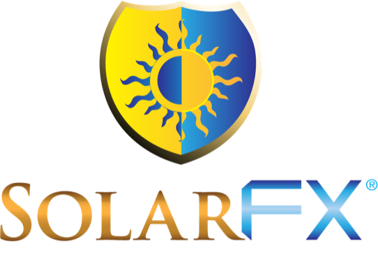 A logo for solar fx with a shield and sun